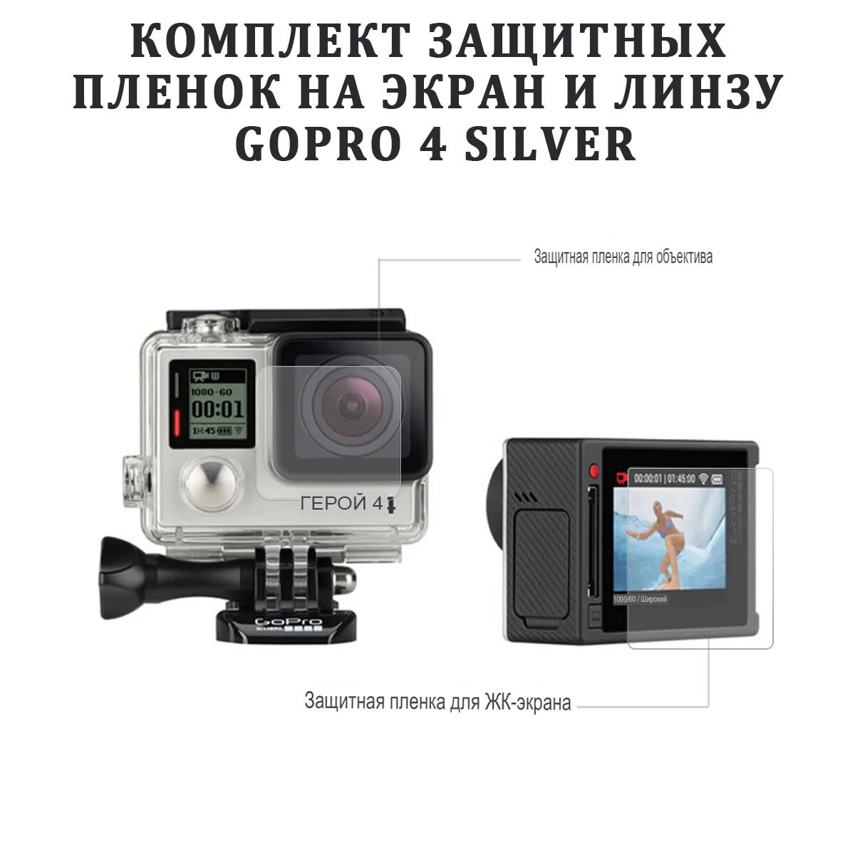 Комплект защитных пленок на экран и линзу GoPro 4 Silver