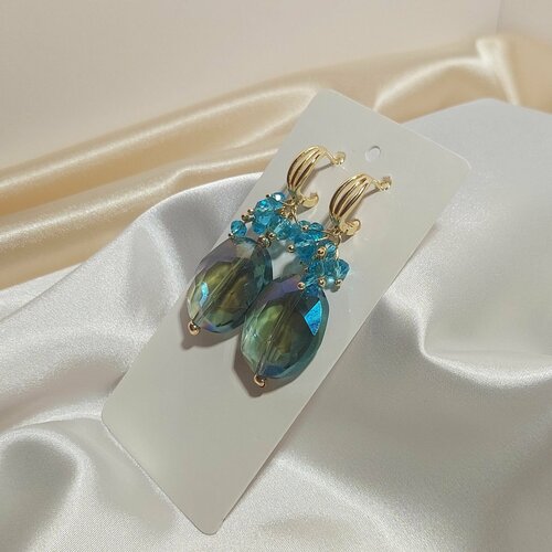 Серьги  Кристалл голубой праздничный, позолота 18к, хрусталь, бесцветный, голубой