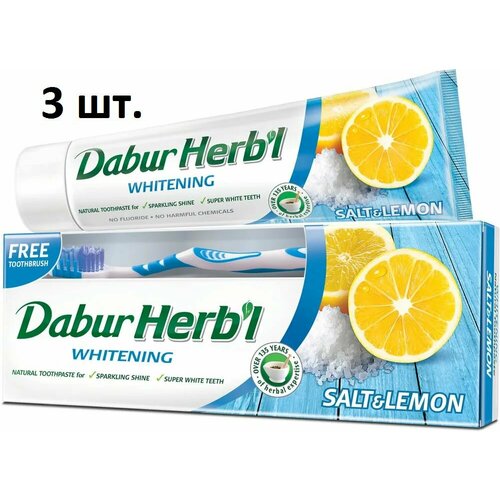 Dabur Herb'l Salt & Lemon Зубная паста отбеливающая с солью и лимоном 150 г + зубная щетка - 3 шт зубная паста dabur herb l отбеливающая с лимоном и солью 150 г зубная щетка в подарок