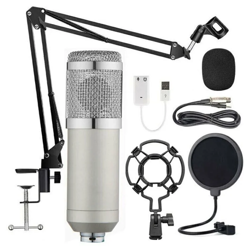 Конденсаторный студийный микрофон BM800 с подставкой и поп-фильтром Серебристый 2399₽