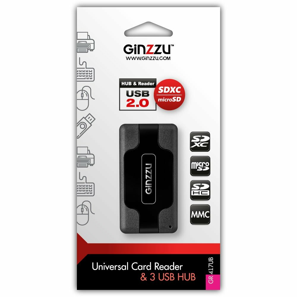 Картридер внешний Ginzzu GR-417UB SD/SDHC/SDXC/MicroSD/MS/M2 + 3xUSB Hub черный - фото №6