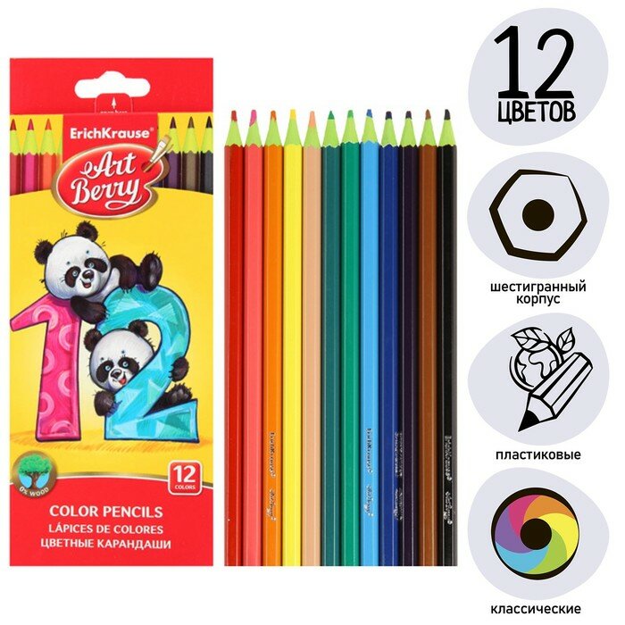 Цветные карандаши Erich Krause пластиковые, шестигранные, ArtBerry 12 цветов (46428)