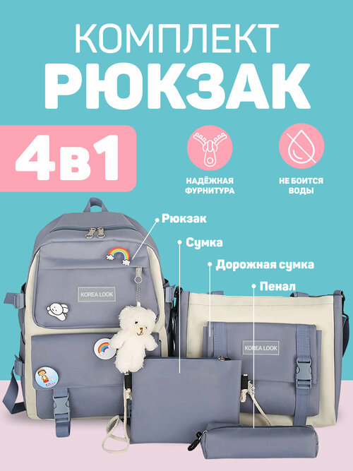 Рюкзак Korea Look набор для девочек школьный новый дизайн 4 предмета (Голубой)