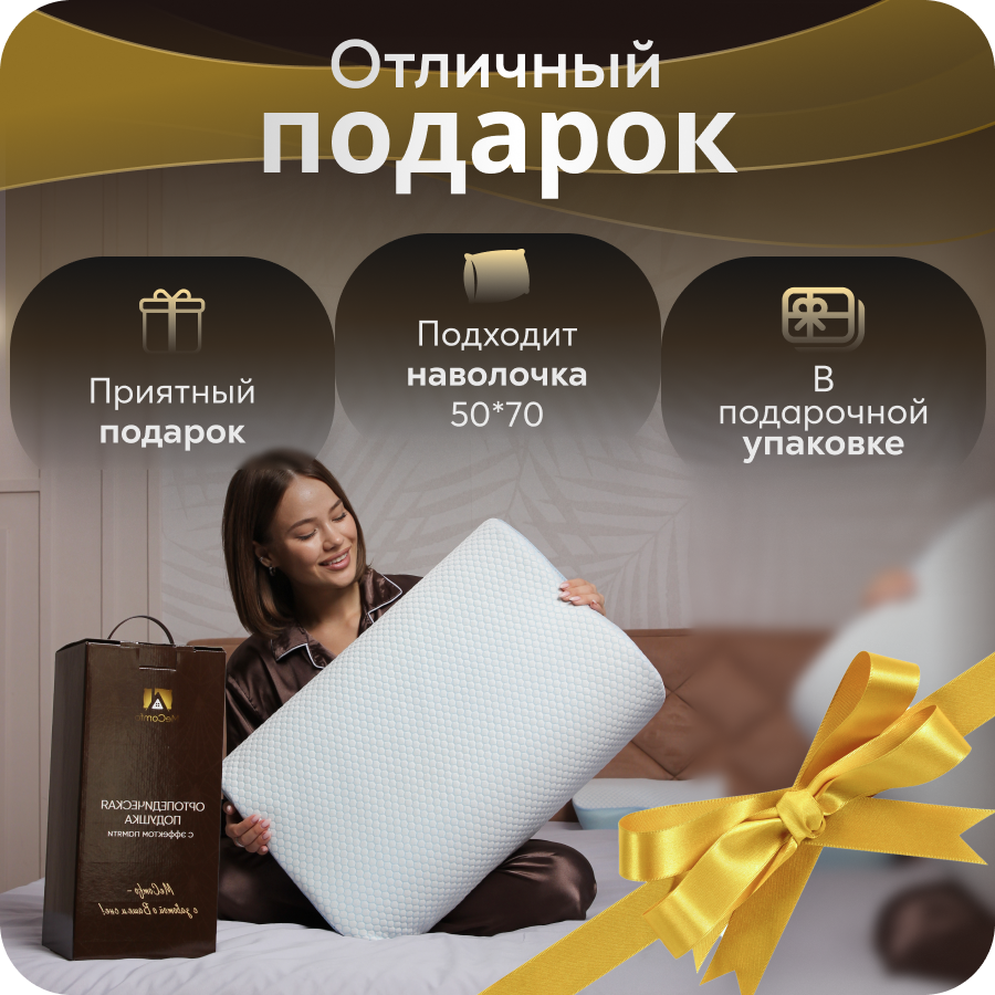 Подушка ортопедическая анатомическая для сна Memory Foam с эффектом памяти средней жесткости 60х40 валики 12 и 10 см с охлаждающим эффектом