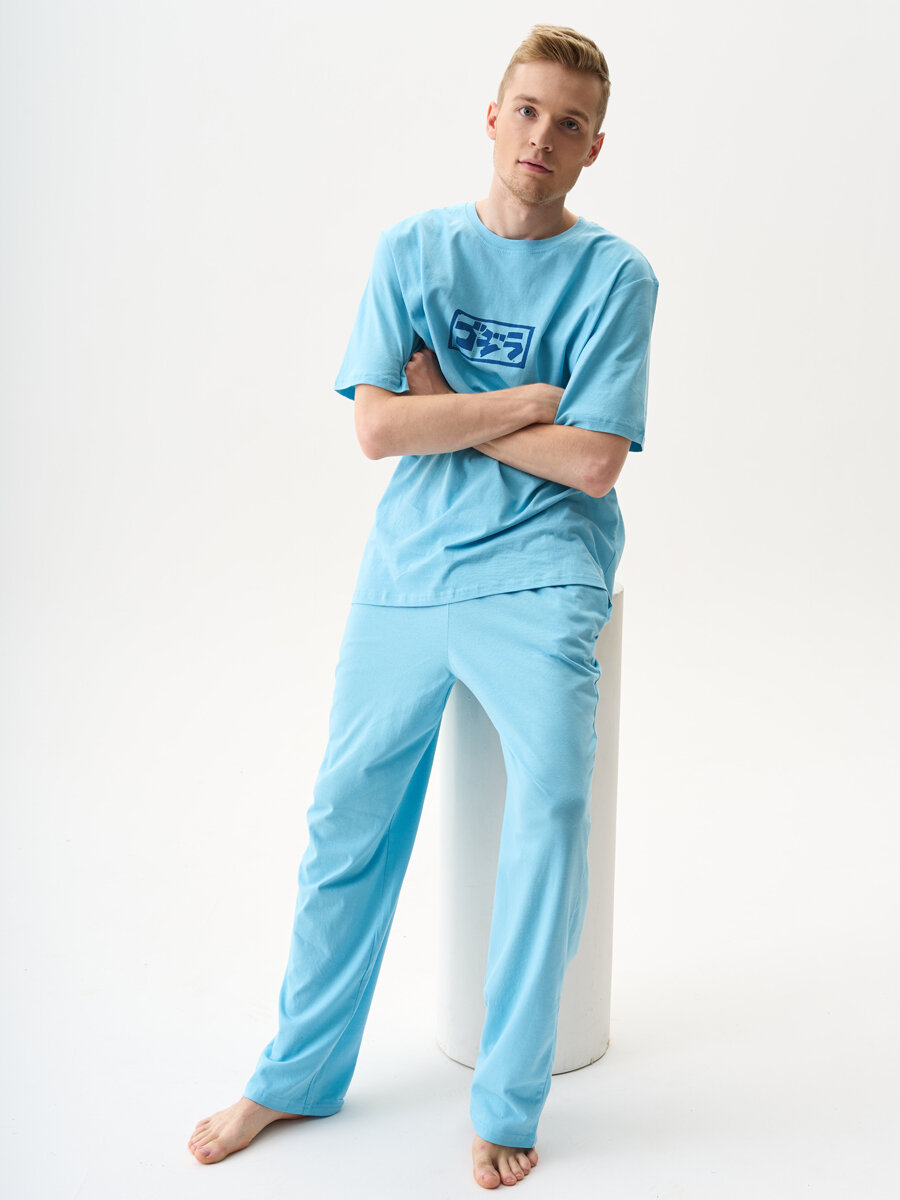 300036 Пижама мужская (Футболка и брюки) CatFit голубая размер 44 - фотография № 3