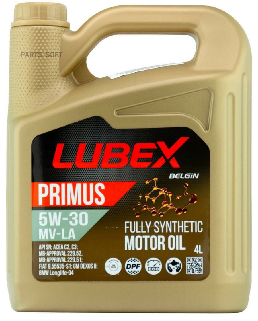 LUBEX PRIMUS MVLA 5W30 (4L)_масло мот! синт.\API SN, ACEA C2/C3, MB 229.51/52/31, dexos2, PSA B71 2290 LUBEX / арт. L03413190404 - (1 шт)