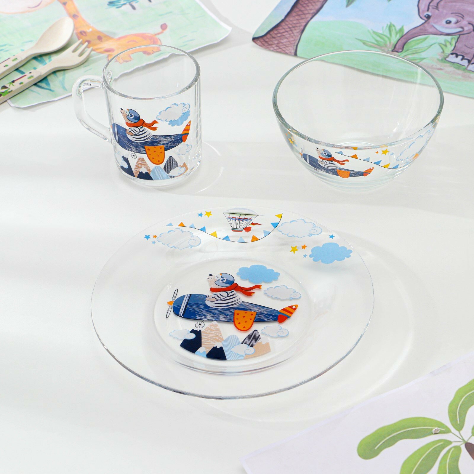 Набор детской посуды «Авиаторы», стеклянный, 3 предмета, микс