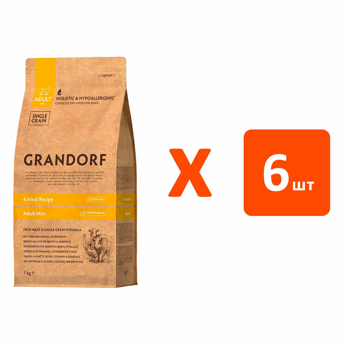GRANDORF SINGLE GRAIN DOG ADULT MINI 4 MEAT RECIPE низкозерновой взрослые собаки мелких пород 4 вида мяса с ягненок, индейка, утка, кабан (1 кг х 6 шт)