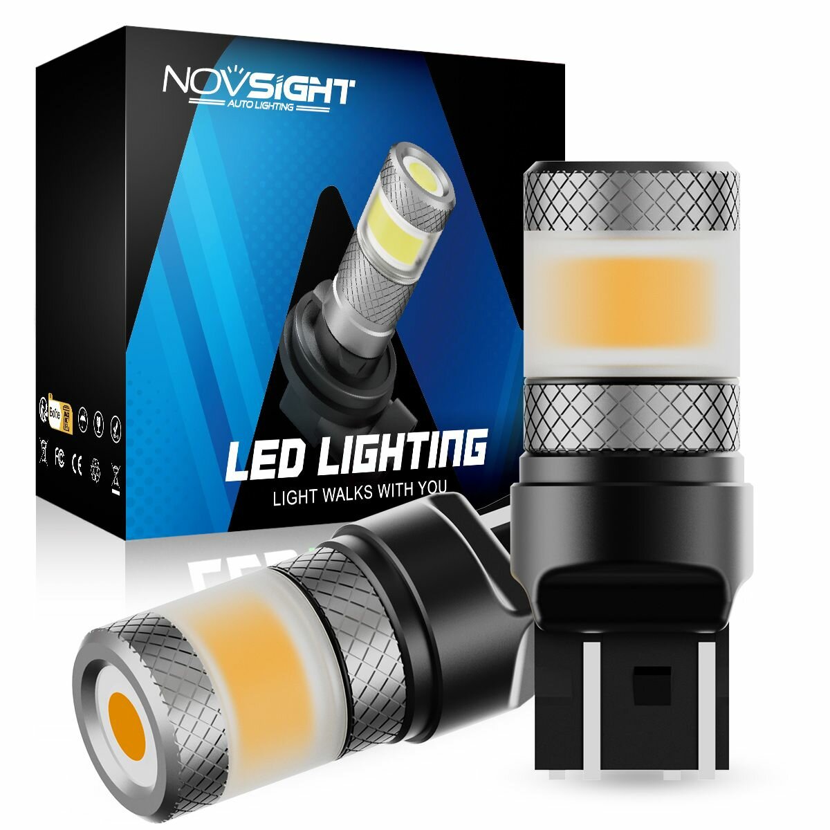 Светодиодная лампа Novsight SL7 T20 7443 W21/5W цоколь W3x16q 2шт двухконтактная желтый свет LED автомобильная