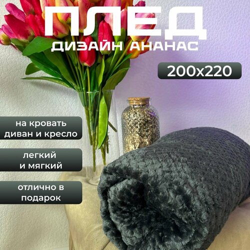 Плед 200х220 ананас для дома и дачи покрывало одеяло темно-серый