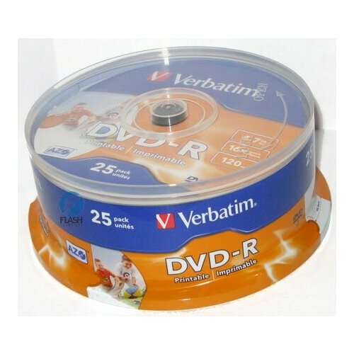 Оптический диск DVD-R диск Verbatim 4,7Gb 16x 25шт. Printable CakeBox (43538)
