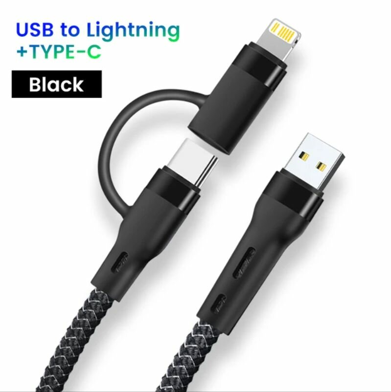 Кабель для зарядки. Тканевая оплетка, 2 в 1 /провод с переходником. / USB - USB Type-C/Lightning. Премиум качество.