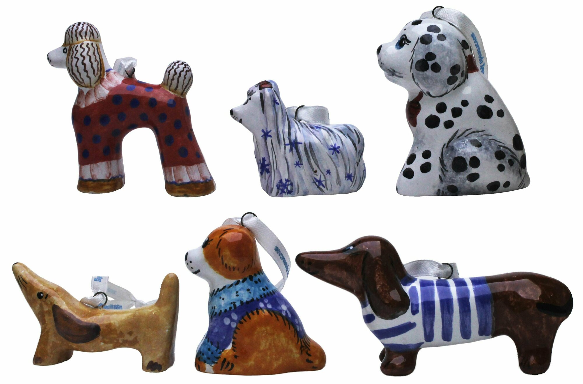 Собачки в картонной коробке 6 штук Набор керамических елочных игрушек украшений цветная коллекция