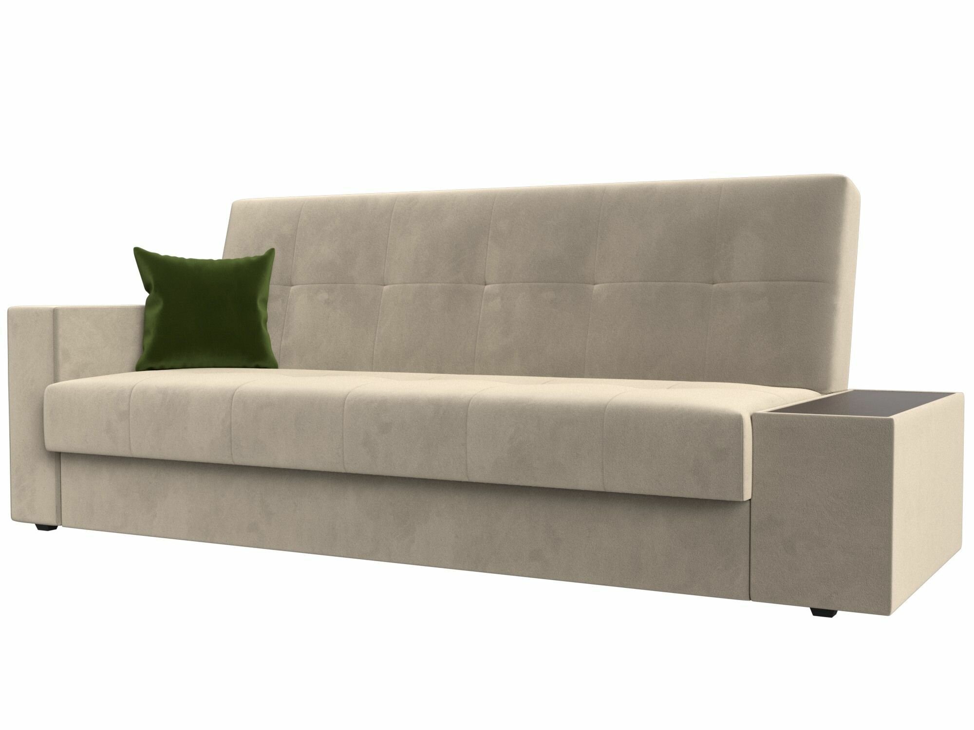 фото Диван-кровать книжка Лига-020 стол справа, Микровельвет бежевый, подушка зеленая