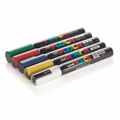 Набор маркеров Uni POSCA PC-5M 1,8-2,5 мм набор 5 цветов (белый, желтый, красный, зеленый, синий) для метки маток