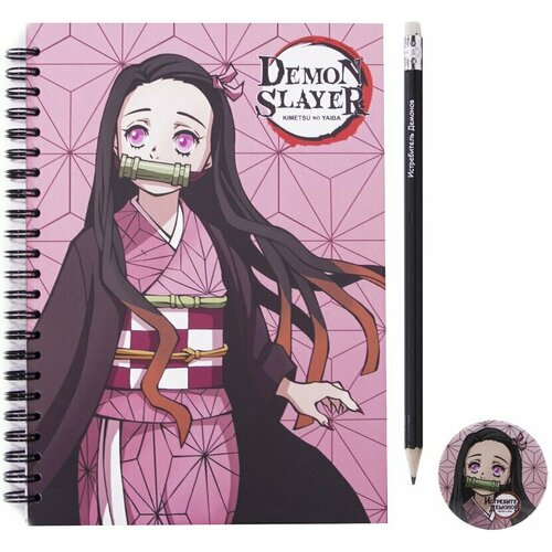 Канцелярский набор Demon Slayer: Kimetsu no Yaiba №9 – Скетчбук + карандаш + значок (3 предмета)