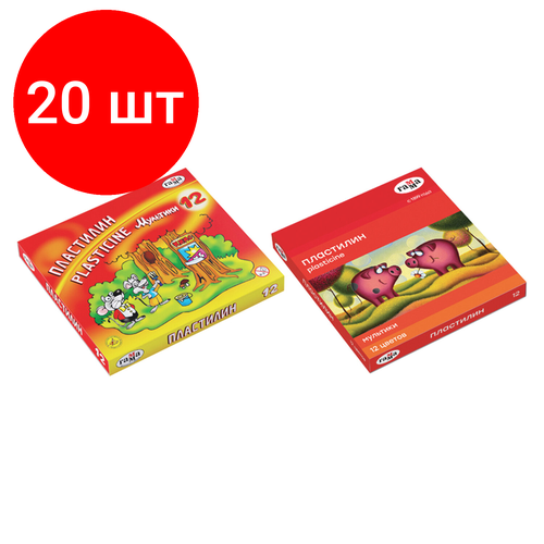 Комплект 20 шт, Пластилин классический гамма Мультики, 12 цветов, 240 г, со стеком, картонная упаковка, 280018/281018, 280018, 281018