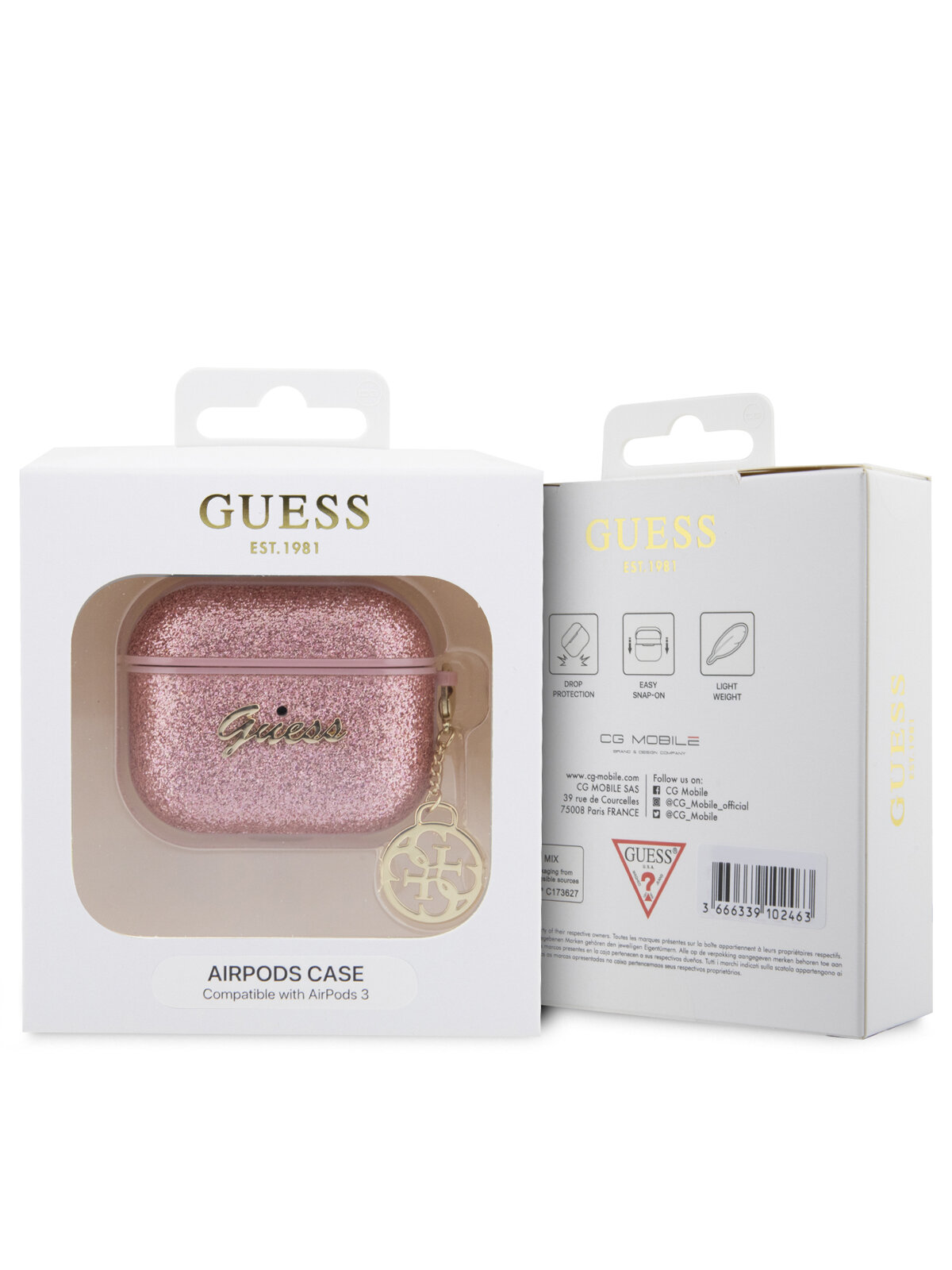 Guess для Airpods 3 чехол Glitter flakes Metal logo with Charm Pink