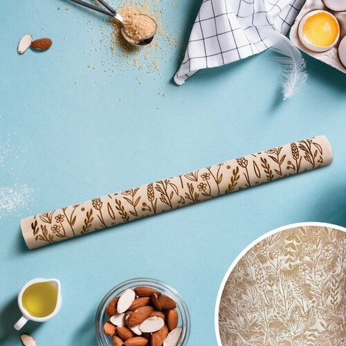 Скалка деревянная с узорами Цветочный луг для выпечки 30 см 683₽