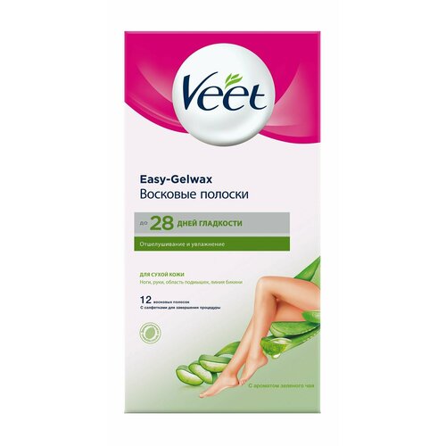 Восковые полоски для сухой кожи c алоэ вера и ароматом зеленого чая Veet Easy-Gelwax Восковые полоски Отшелушивание и увлажнение