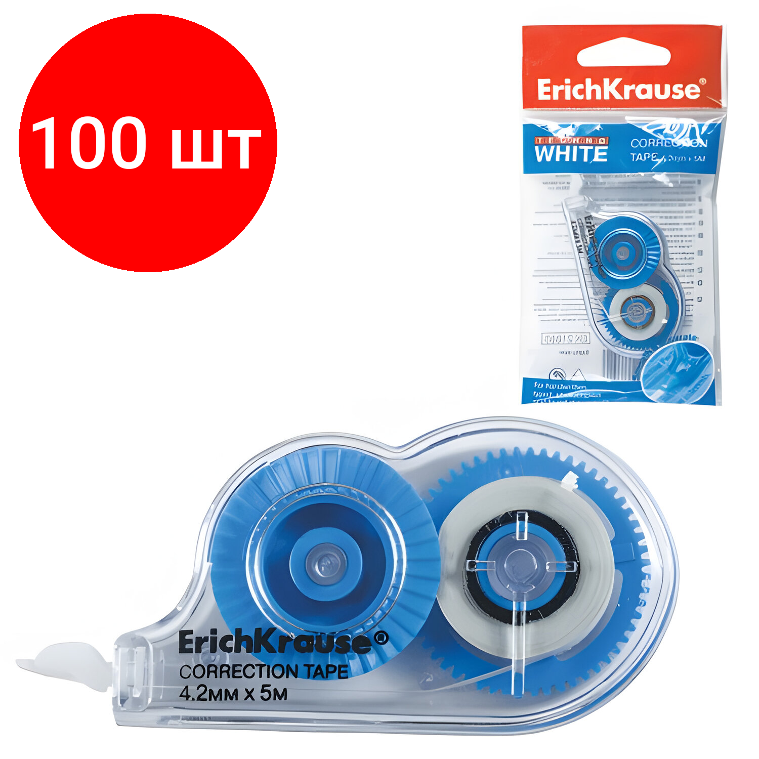 Комплект 100 шт, Корректирующая лента ERICH KRAUSE "Techno White Mini", 4.2 мм х 5 м, упаковка с европодвесом, 21885