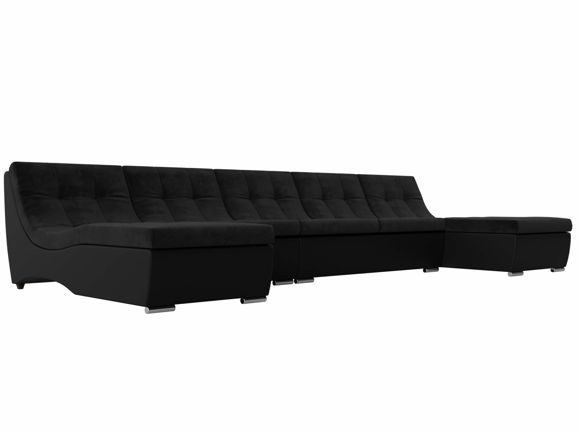 П-образный модульный диван Монреаль Long, Велюр черный, Экокожа черная
