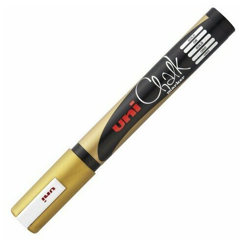 Маркер меловой UNI Chalk, 1,8-2,5 мм, золотой, влагостираемый, для гладких поверхностей, PWE-5M GOLD
