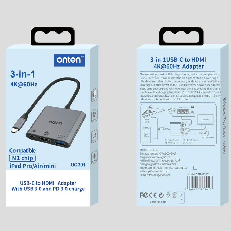 USB Type-C разветвитель хаб Onten на 3 выхода 1xHDMI , 1xUSB 3.2 , 1xType-C PD для ноутбука, Macbook, ПК, смартфона — фото 10
