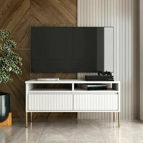 Тумба под телевизор 108х53х34см золотые ножки Белый МДФ прямая фрезеровка 8300₽