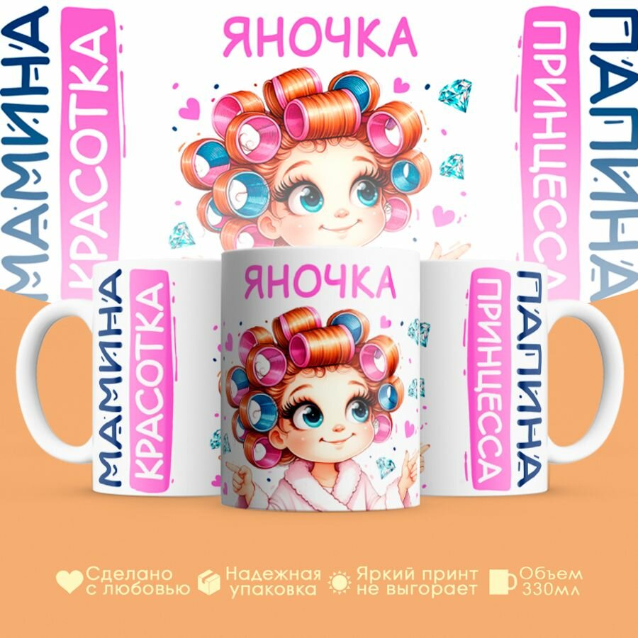 Кружка, "Яночка, мамина красотка, папина принцесса", на 8 марта, день рождения, в подарок для девочки, дочки 330 мл