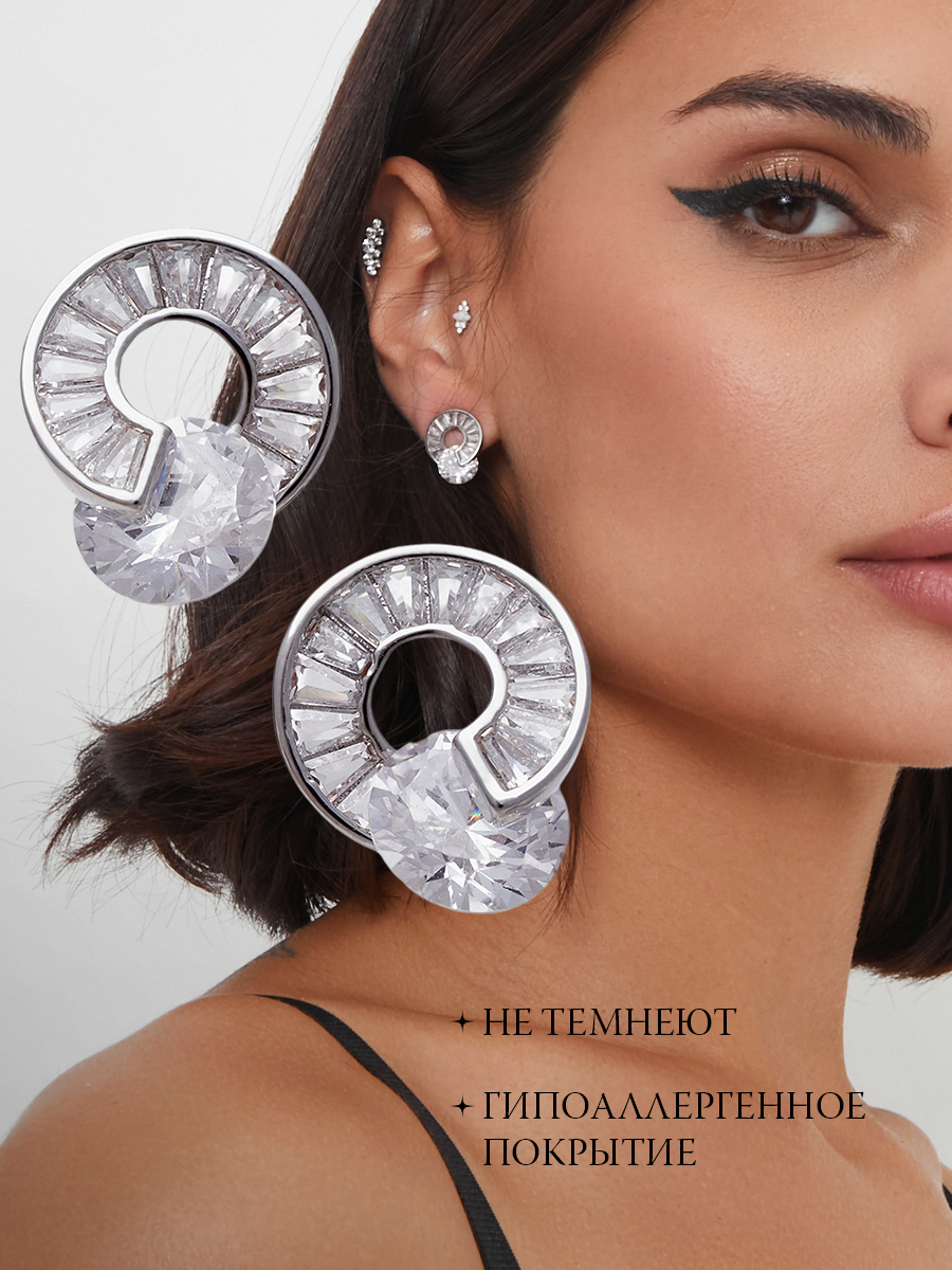 Серьги пусеты Aspect-Quality, перламутр, кристалл, керамика, размер 15 мм, серебристый