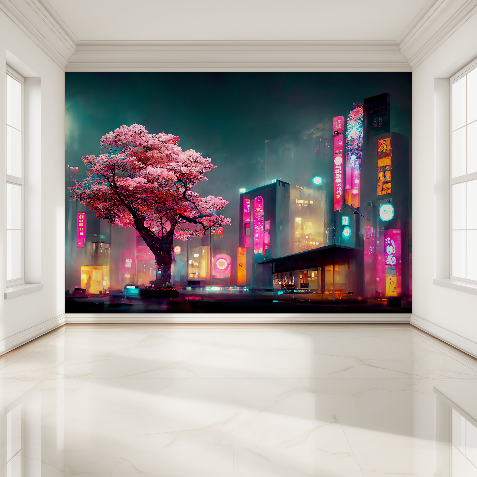 Фотообои 3д на стену "Токийская фэнтези сакура", флизелиновые 400х270 см на кухню, спальню, зал
