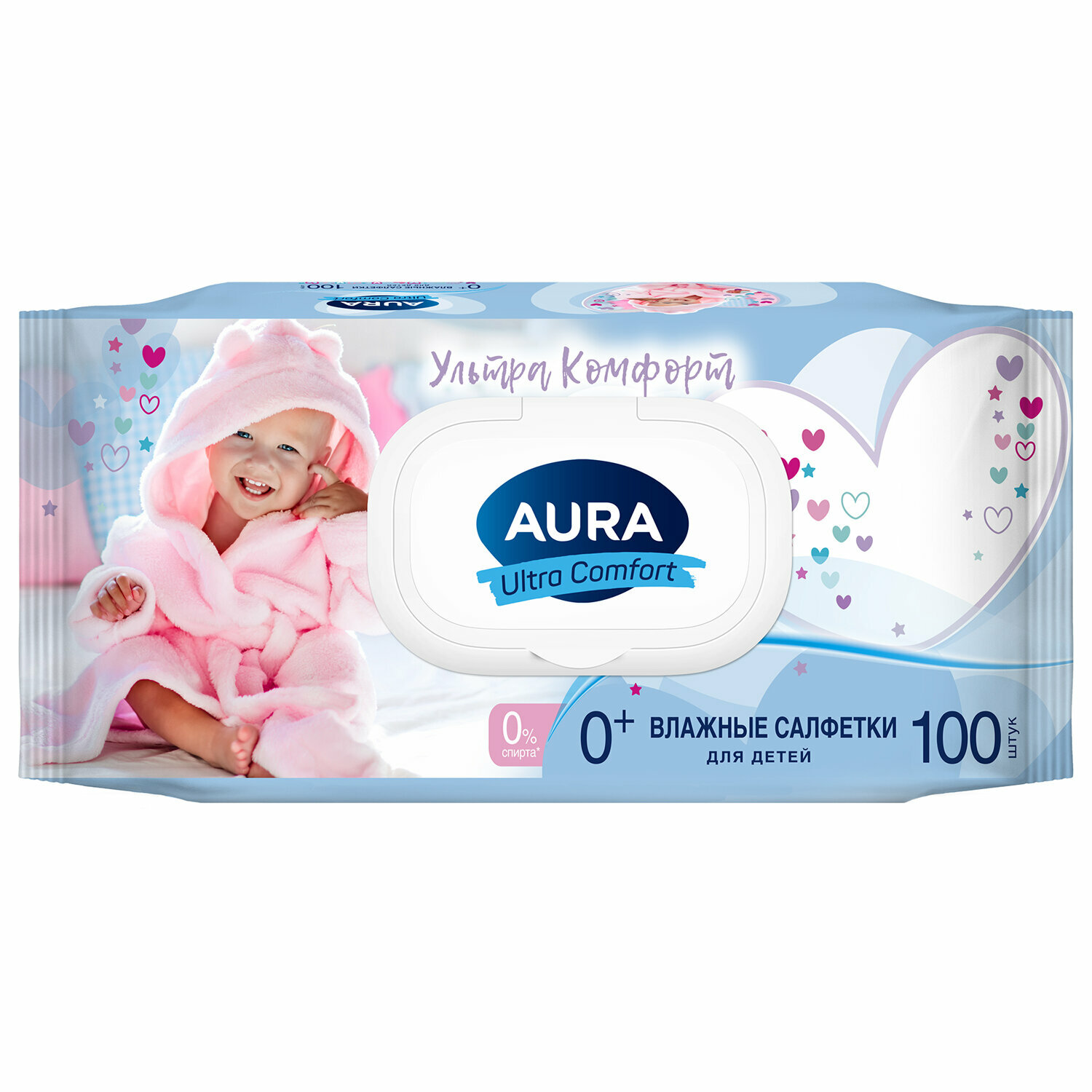 Салфетки влажные комплект 100 шт, для детей AURA "Ultra comfort", гипоаллергенные, без спирта, крышка-клапан, 14588