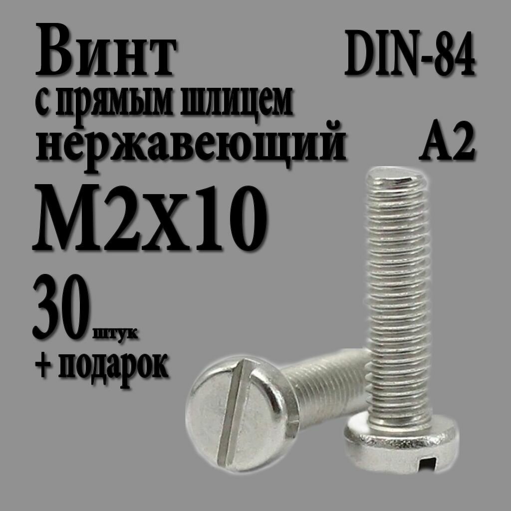 Винт с цилиндрической головкой и прямым шлицем М2Х10 (M2X10 шаг 0.4) DIN 84 нержавеющий А2 30 шт.