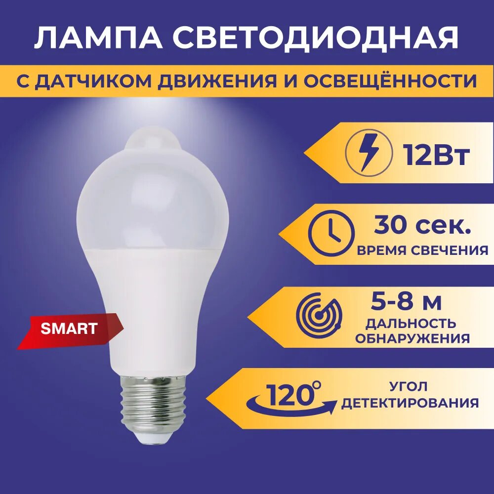 Лампочка светодиодная с датчиком движения и освещенности Умная smart лампочка для квартиры для дома 12 Вт Е27 4000K