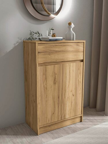 Изображение товара Комод для вещей деревянный в прихожую с ящиком и дверками 60*97*33.4, дуб крафт золотой