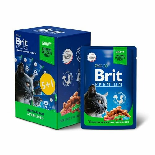 Brit Промо-Набор 5+1 Паучи для взрослых стерилизованных кошек с цыпленком в соусе 5055128 0,85 кг 60784 (4 шт)