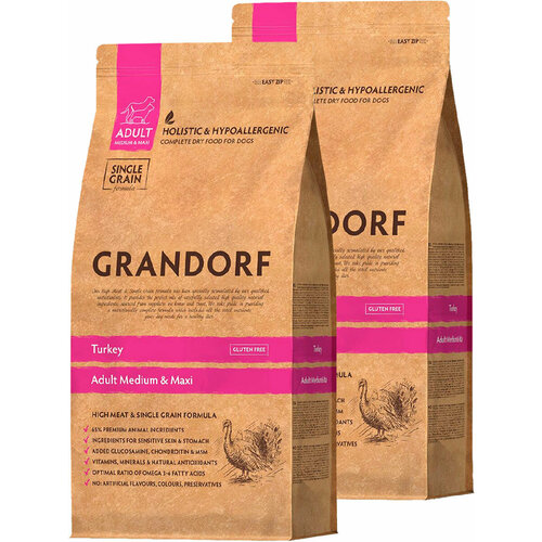 GRANDORF SINGLE GRAIN DOG ADULT MEDIUM & MAXI TURKEY низкозерновой для взрослых собак средних и крупных пород с индейкой (10 + 10 кг) grandorf single grain dog adult medium