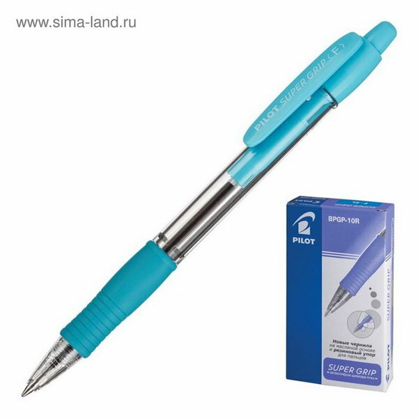 Ручка шариковая автоматическая Super Grip, резиновый упор, 0.7 мм, масляная основа, стержень синий, корпус голубой
