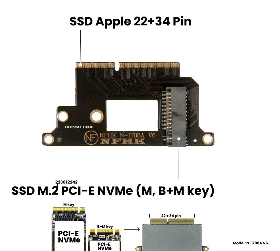 Адаптер-переходник для установки диска SSD M2 NVMe (M key) в разъем SSD Apple (22+34 Pin) на MacBook Pro 13" Late 2016 Mid 2017 / NFHK N-1708A V6
