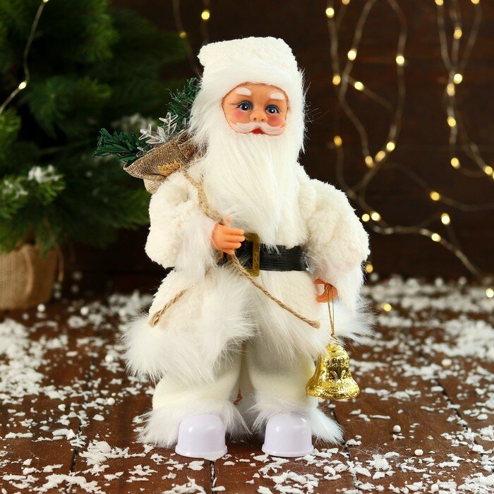 Декоративная кукла КНР "Дед Мороз", в меховом костюме, с фонариком, двигается, с подсветкой, 28 см, белый