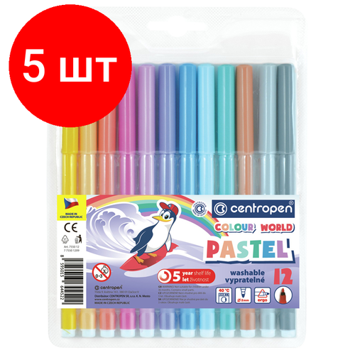 Комплект 5 шт, Фломастеры Centropen Colour World. Pastel, 12цв, 2мм, смываемые, блистер фломастеры 12цв delicato pastel блистер hatber