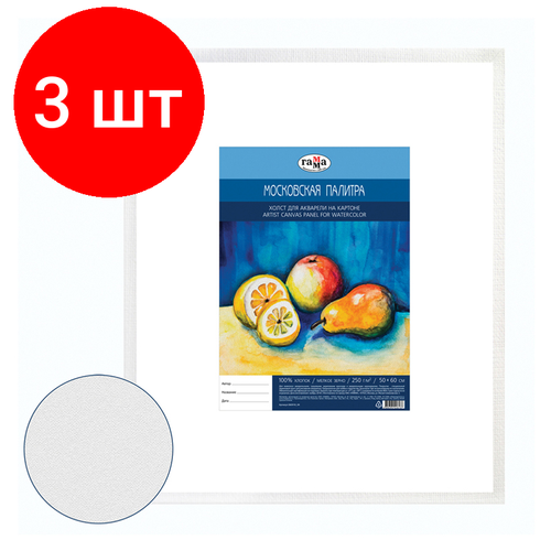 Комплект 3 шт, Холст для акварели на картоне Гамма Московская палитра, 50*60см, 100% хлопок, 250г/м2, мелкое зерно холст для акварели на картоне московская палитра 30 40см 100% хлопок мелкое зерно гамма