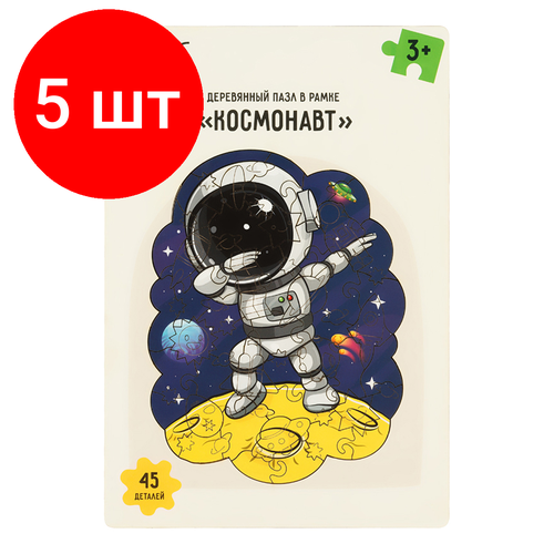 Комплект 5 шт, Деревянный пазл в рамке ТРИ совы Космонавт, 45 элементов