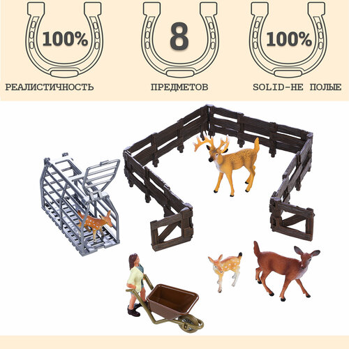 Игрушки фигурки в наборе серии На ферме, 7 предметов (зоолог, тележка, семья оленей ограждение-загон)