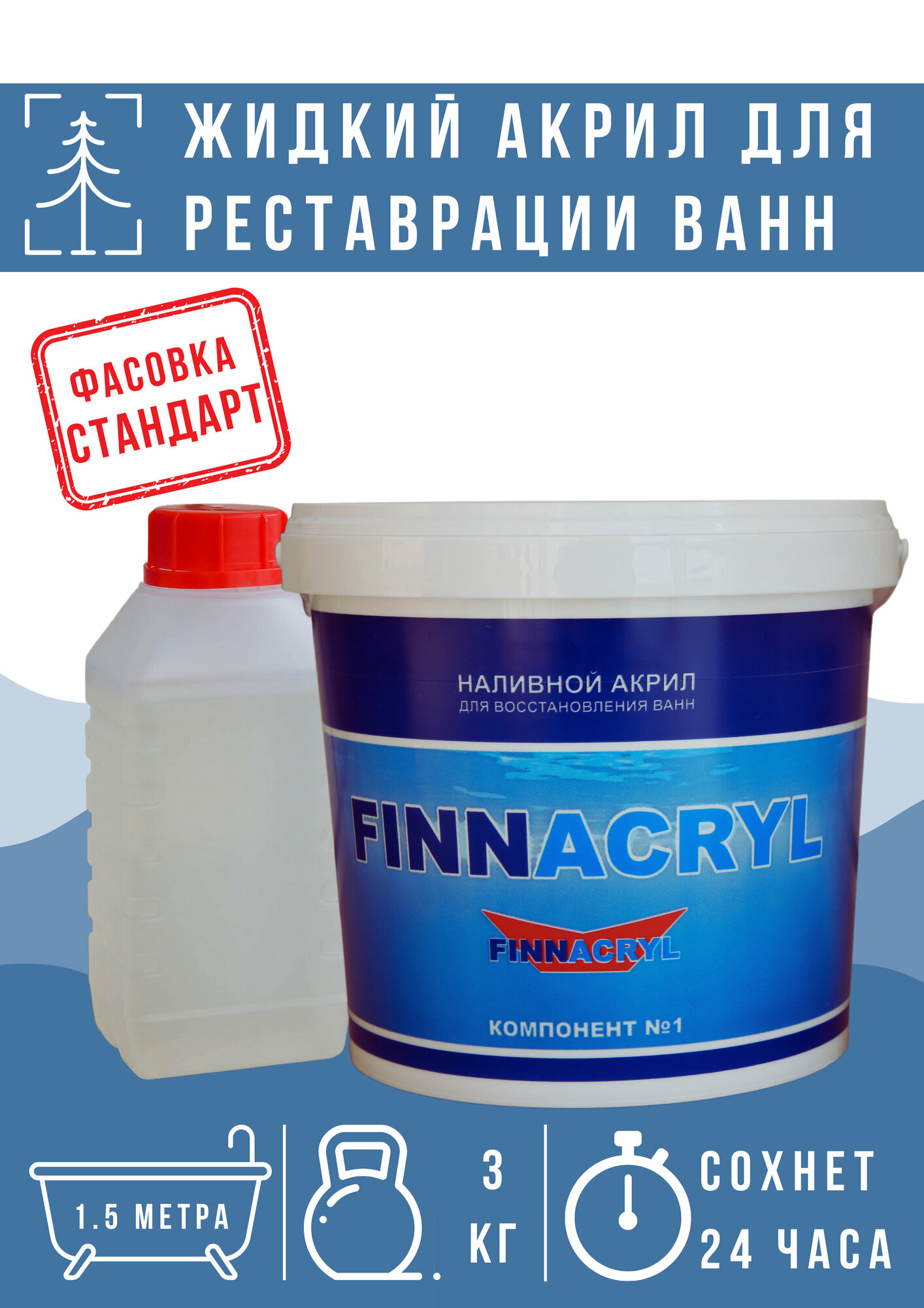 Наливной акрил FinnAcryl 24 Стандарт, для реставрации ванны размером 1,5 м, фасовка 3,0 кг