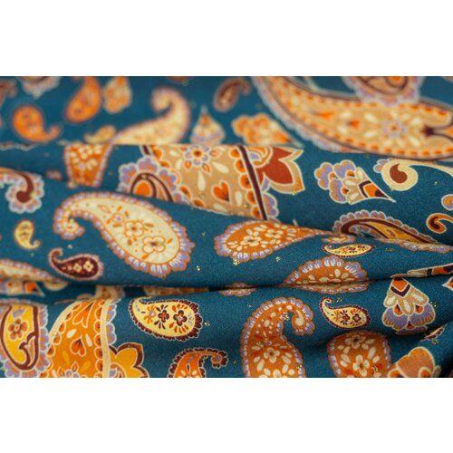 фото Ткань вискоза оранжевые пейсли на синем. ткань для шитья unofabric