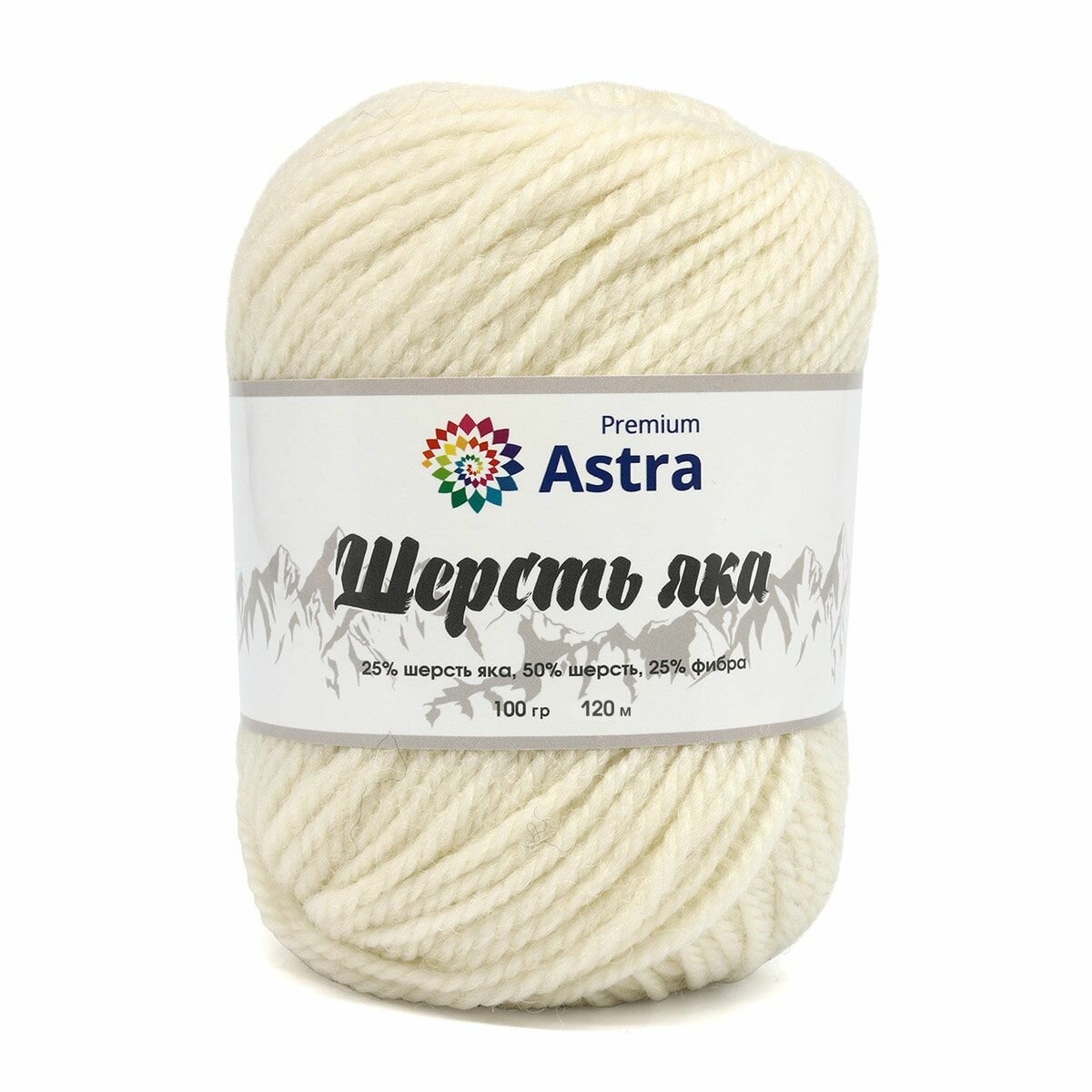 Пряжа для вязания Astra Premium 'Шерсть яка' (Yak wool) 100гр 120м (+/-5%) (25% шерсть яка, 50% шерсть, 25% фибра) (01 белый), 2 мотка