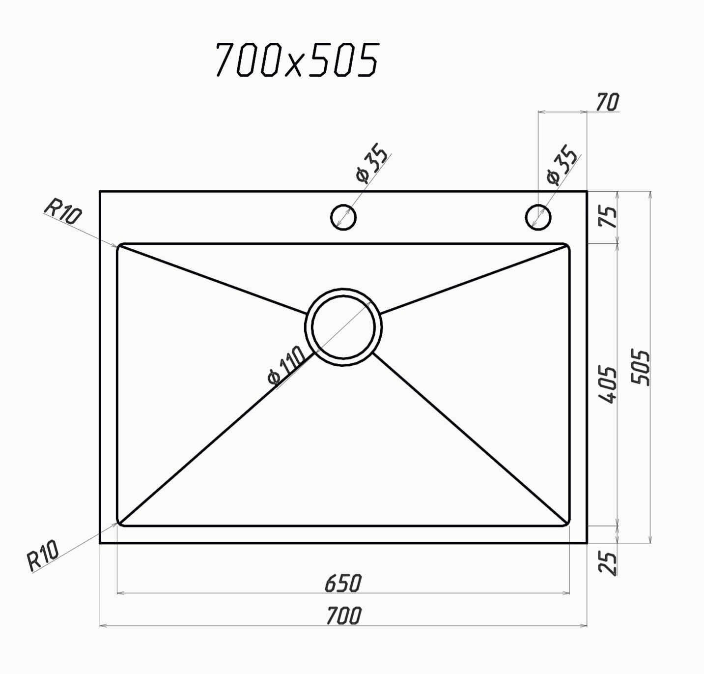 Кухонная мойка из нержавеющей стали VAS-700х505-SATIN - фотография № 2