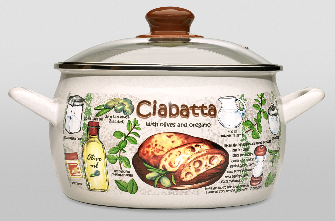 Кастрюля эмалированная из стали Metrot   Метрот Чиабатта объемом 2 4л со стеклянной крышкой  для всех видов плит   посуда для кухни